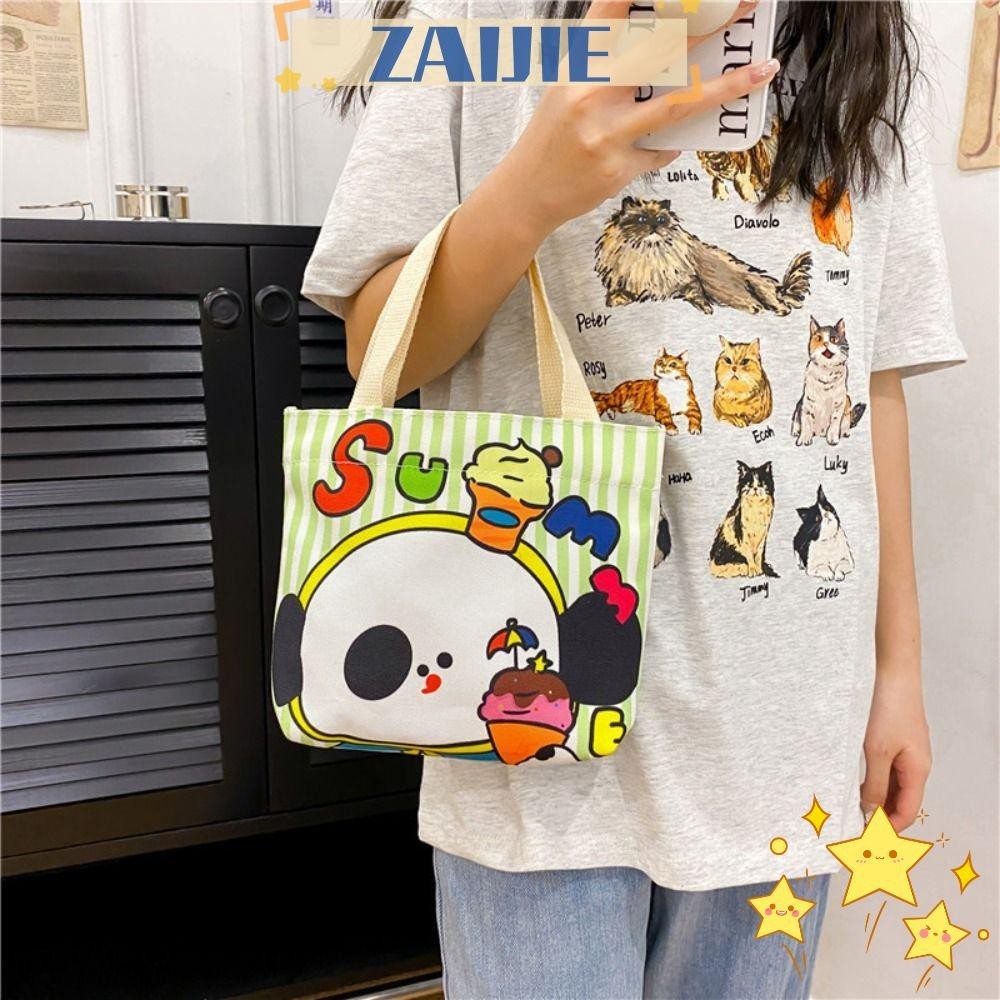 Zaijie24 กระเป๋าถือ กระเป๋าสะพายไหล่ ผ้าแคนวาส ลายการ์ตูนแมวน่ารัก เหมาะกับการพกพาเดินทาง ช้อปปิ้ง 2024
