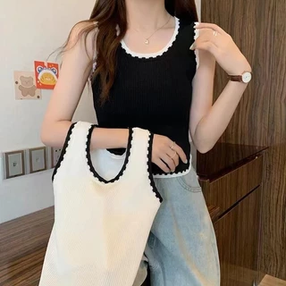 เสื้อผู้หญิง แนวน่ารักมินิมอล เสื้อกล้ามไหมพรม มี2สีสีขาวสีดำ *พร้อมส่ง* #26cx18