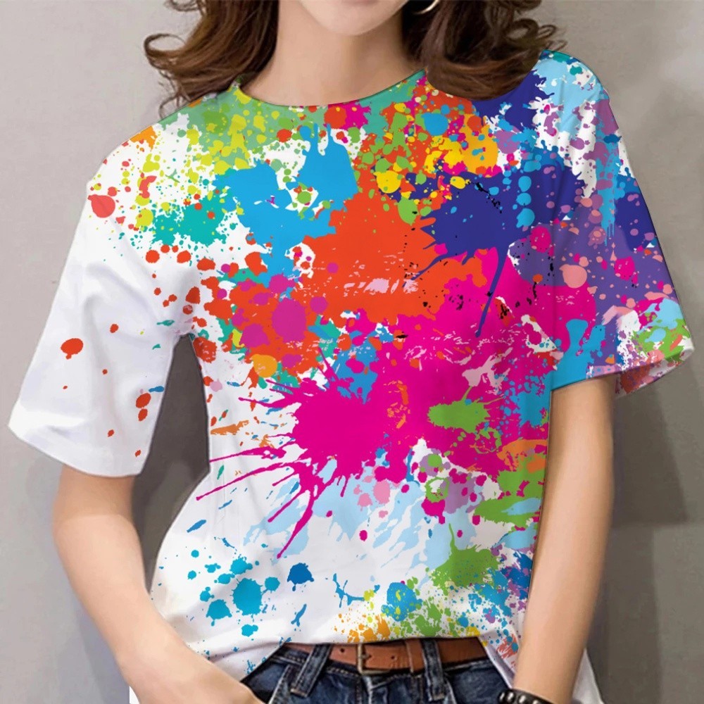 ใหม่ เสื้อยืดลําลอง แขนสั้น พิมพ์ลายกราฟฟิตี้ 3D ทรงหลวม หลากสีสัน แฟชั่นสําหรับสตรี
