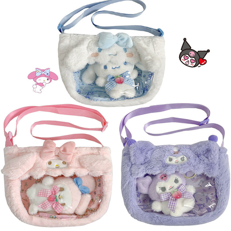 กระเป๋าถือ กระเป๋าสะพายไหล่ ผ้ากํามะหยี่ขนนิ่ม ลายการ์ตูน Sanrio Cinnamoroll Melody Kuromi สีโปร่งใส สําหรับสตรี