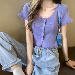 เสื้อครอปแขนสั้น คอกลมหยัก สวยเก๋ น่ารัก ครอปน่ารัก