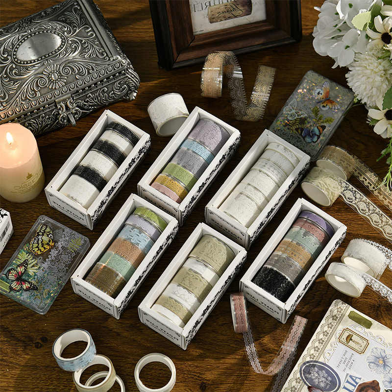 ชุดเทปสติกเกอร์ PET ปักลายลูกไม้ สีโปร่งใส สําหรับตกแต่งวรรณกรรม DIY 6 ม้วน