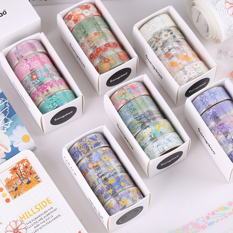 เทปสติกเกอร์ PET ลายดอกไม้ สีโปร่งใส สําหรับตกแต่ง 5 ม้วน