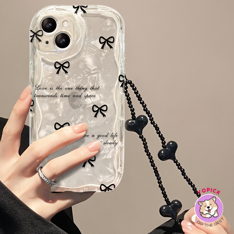 ใหม่ เคสโทรศัพท์มือถือ ซิลิโคน ใส กันกระแทก ลายโบว์ สีดํา พร้อมสายโซ่คล้อง สําหรับ Iphone 11 12 13 14 15 14promax 14pro 11 12mini 13pro xs xr 8 7plus 5g 6s QB