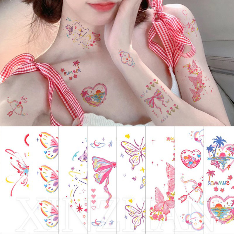 สติกเกอร์รอยสักชั่วคราว ลายผีเสื้อ กันน้ํา สีสันสดใส สําหรับตกแต่งร่างกาย ไหล่ คอ แขน 1 แผ่น