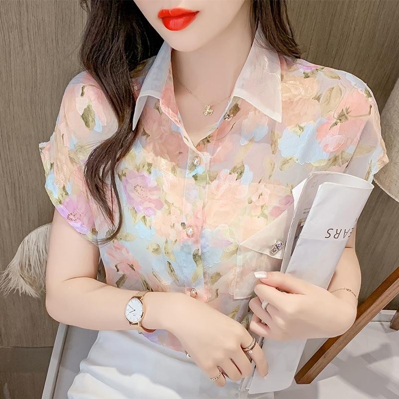 Dahong เสื้อเชิ้ตแขนสั้น คอปก ผ้าชีฟอง พิมพ์ลายดอกไม้ แฟชั่นฤดูร้อน สําหรับผู้หญิง W328