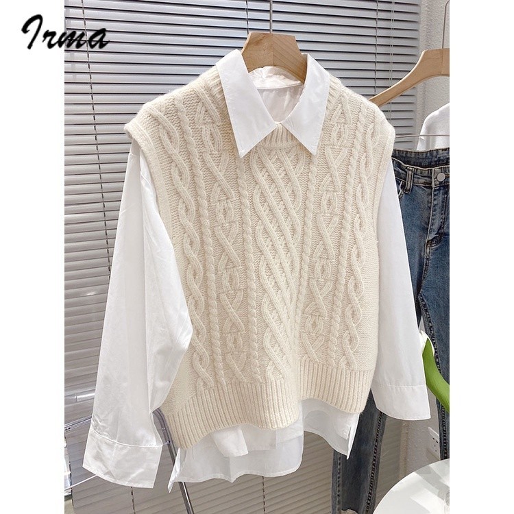เสื้อกันหนาวแขนกุด ผ้าถัก แบบหนา ทรงหลวม สไตล์เกาหลี เรโทร เหมาะกับฤดูใบไม้ร่วง และฤดูหนาว สําหรับผู้หญิง