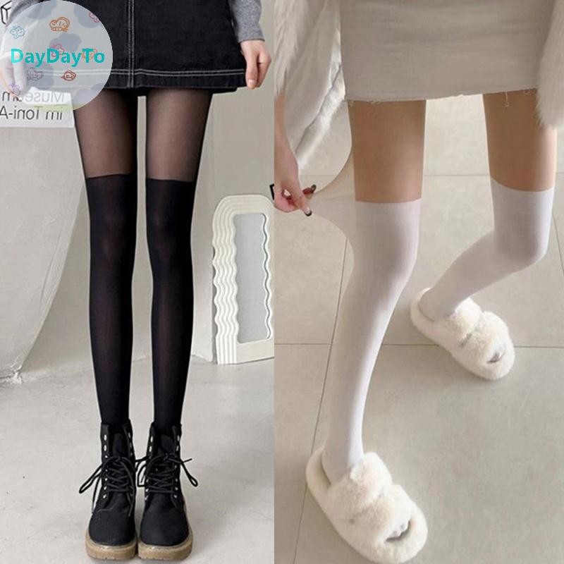 Daydayto เซ็กซี่ Patchwork สีสตรี Pantyhose ปลอมถุงน่องต้นขาสูงถุงน่องสีดําผ้าไหมถุงเท้าสไตล์ญี่ปุ่น JK ถุงเท้า TH