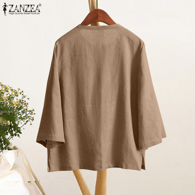 Zanzea เสื้อเบลาส์ปุ่มแขนสามส่วนสีทึบเกาหลีสําหรับผู้หญิง - รูปที่ 7