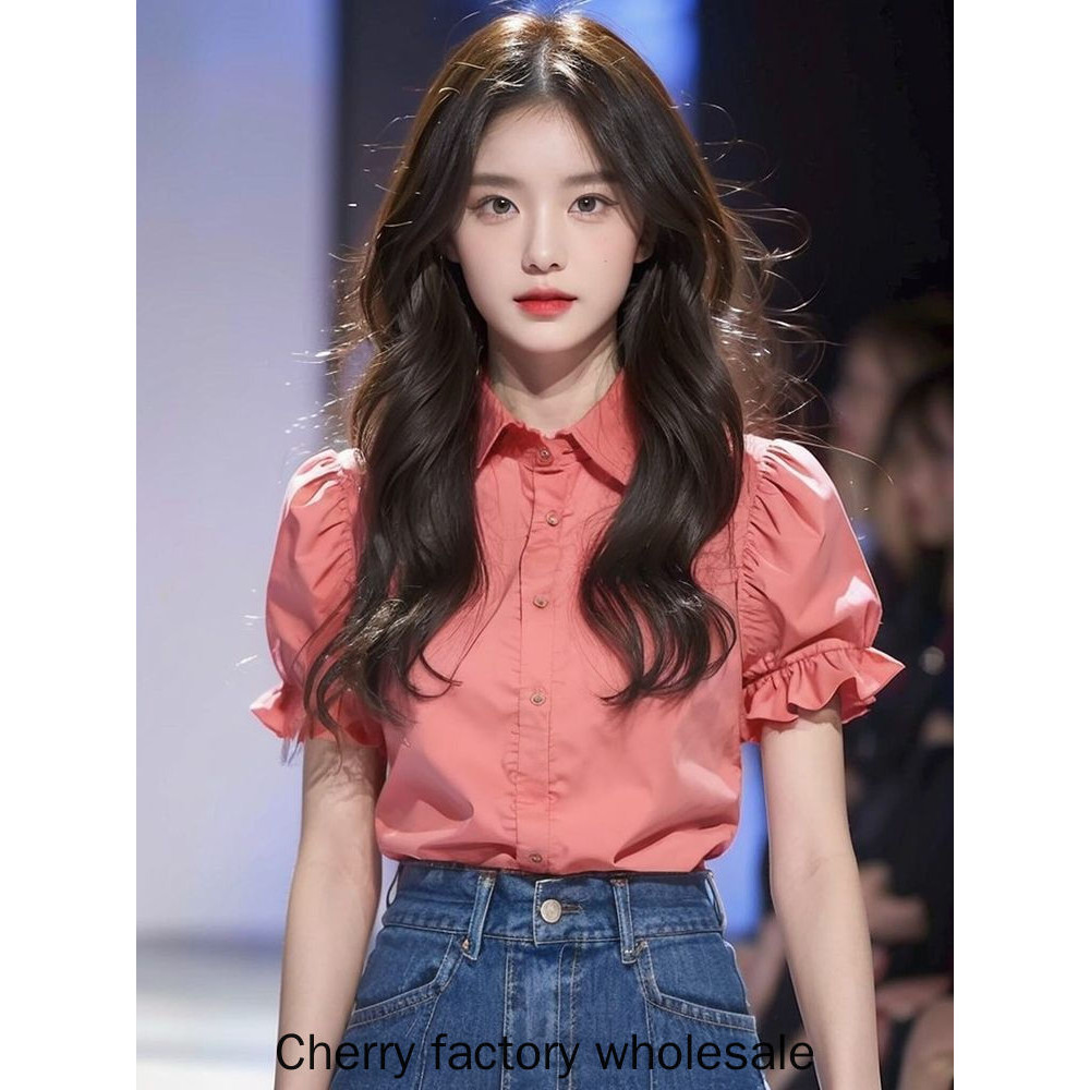 แฟชั่นผู้หญิงหวานสีชมพูพัฟแขนเสื้อเสื้อผ้าผู้หญิงใส่ทํางานได้
