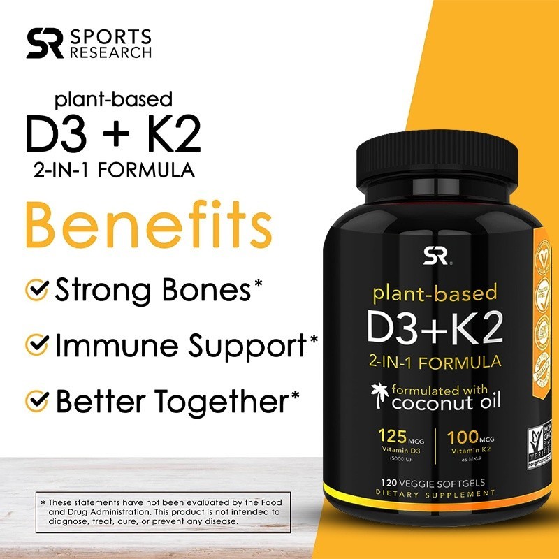 วิตามินเกรดพรีเมี่ยม เสริมภูมิคุ้มกัน วิตามิน D3 บวก K2!!! Sports Researc Vitamin K2 Plus D3 (MK7)