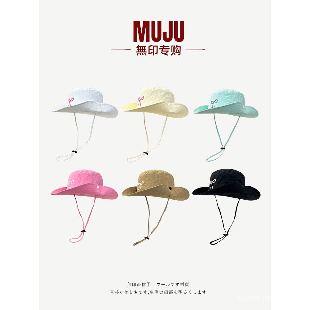 หมวก MUJI หมวกสาวน่ารัก หมวกชาวประมงแบบมีโบว์ หมวกฤดูร้อน น้ำหนักเบา แห้งเร็ว หมวกเดินป่า หมวกกันแดด