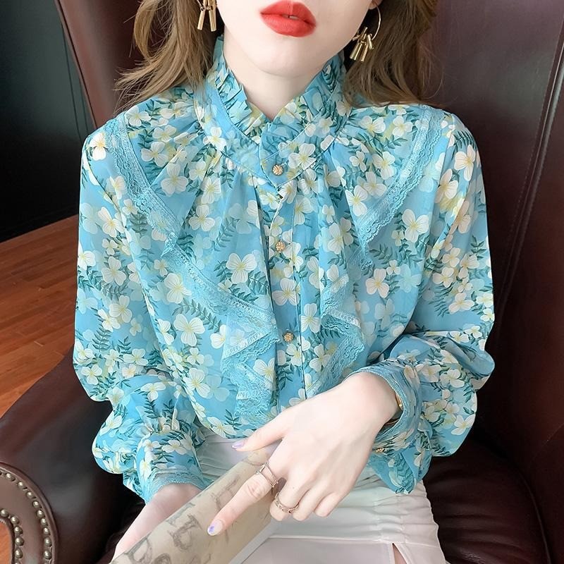 เสื้อนัวเนียลูกไม้อารมณ์ฝรั่งเศสสําหรับผู้หญิงพิมพ์แขนยาวเกาหลีเสื้อผู้หญิง