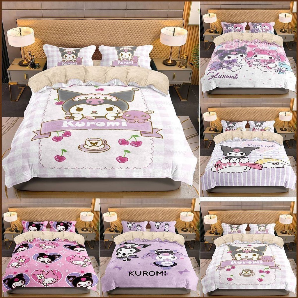 Kira Sanrio Kuromi Melody 3in1 ชุดเครื่องนอน ผ้าปูที่นอน ผ้าห่ม ผ้านวม ซักทําความสะอาดได้ สะดวกสบาย สําหรับหอพัก