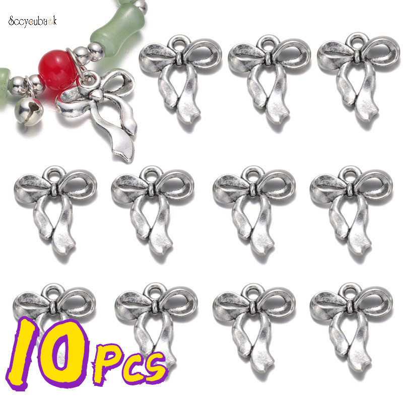 จี้โบว์โลหะ สีเงิน สไตล์โบราณ 17x22 มม. สําหรับทําเครื่องประดับ แฮนด์เมด DIY 10 ชิ้น