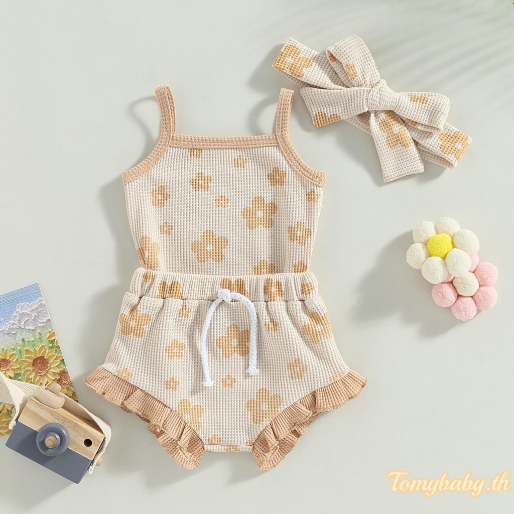 Tomybaby- ชุดรอมเปอร์ เสื้อกล้าม ผ้าถัก ลายดอกไม้ และกางเกงขาสั้น แต่งระบาย และที่คาดผม แฟชั่นฤดูร้อน สําหรับเด็กผู้หญิง 3 ชิ้น ราคา ถูกที่สุด ดีลบีเคเค แกลเลอรีภาพที่ 7