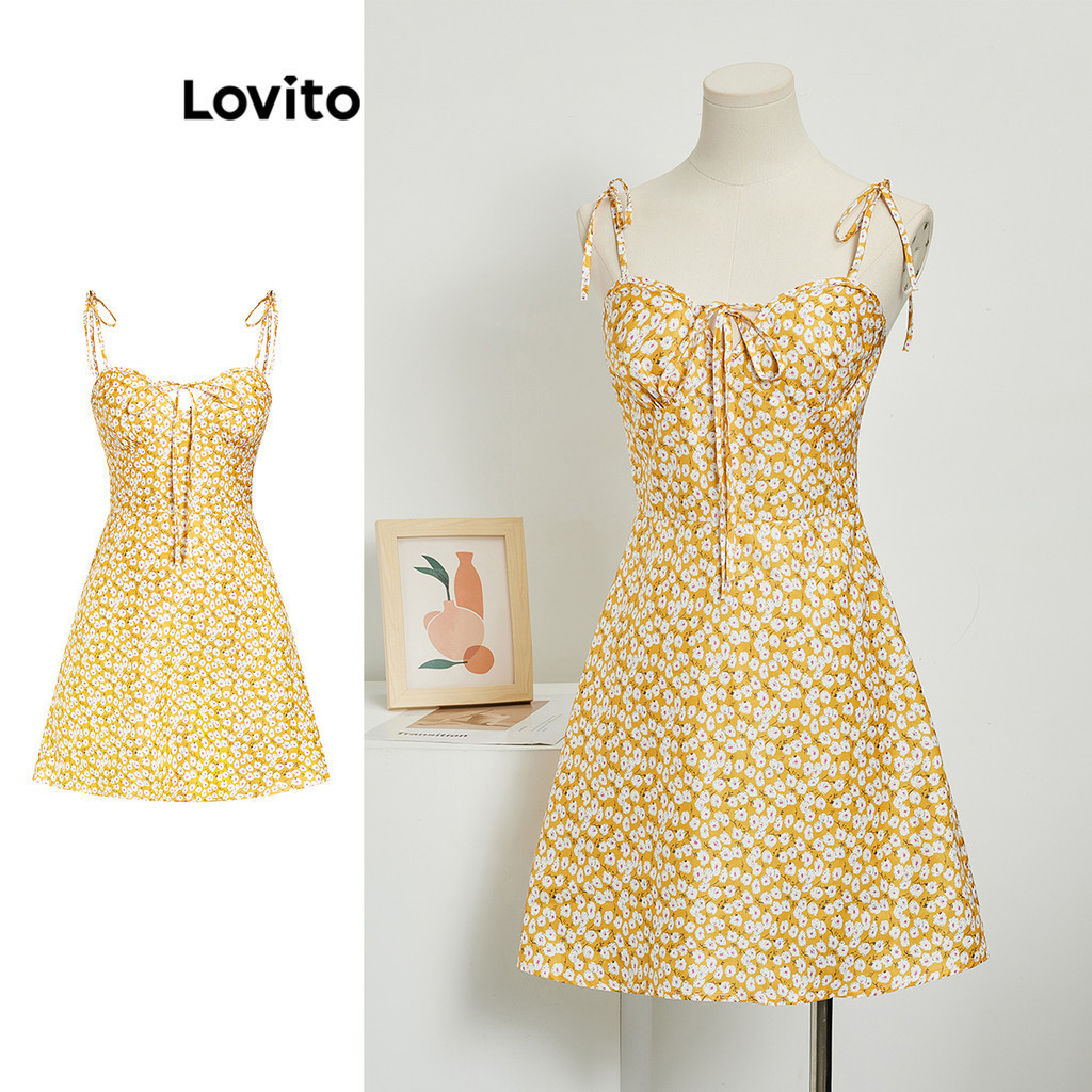 Lovito ชุดเดรสผู้หญิง แบบผูกไหล่ ลายดอกไม้ สไตล์โบโฮ L80ED322