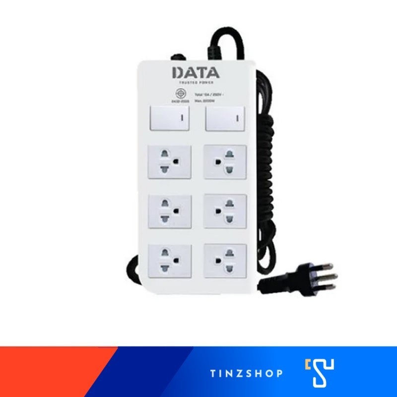 DATA DT6218 ปลั๊กไฟ รางปลั๊กไฟ 6 ช่อง 2 สวิทซ์  สีขาว(white) 5เมตร (10A)