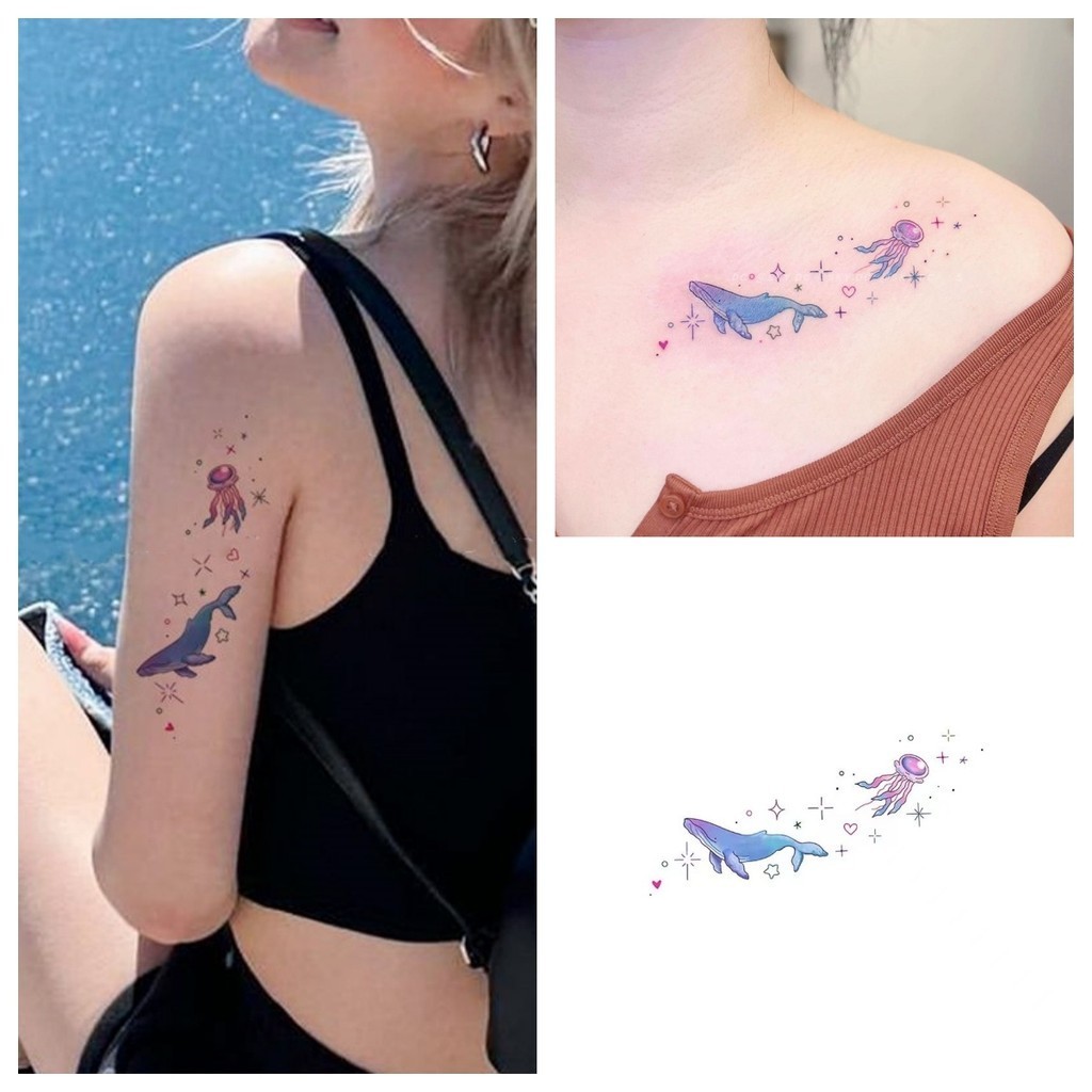 สติกเกอร์รอยสักชั่วคราว ลายการ์ตูนสัตว์ ปลาวาฬ แมงกะพรุน สีฟ้า กันน้ํา ใช้งานได้นาน 7 วัน
