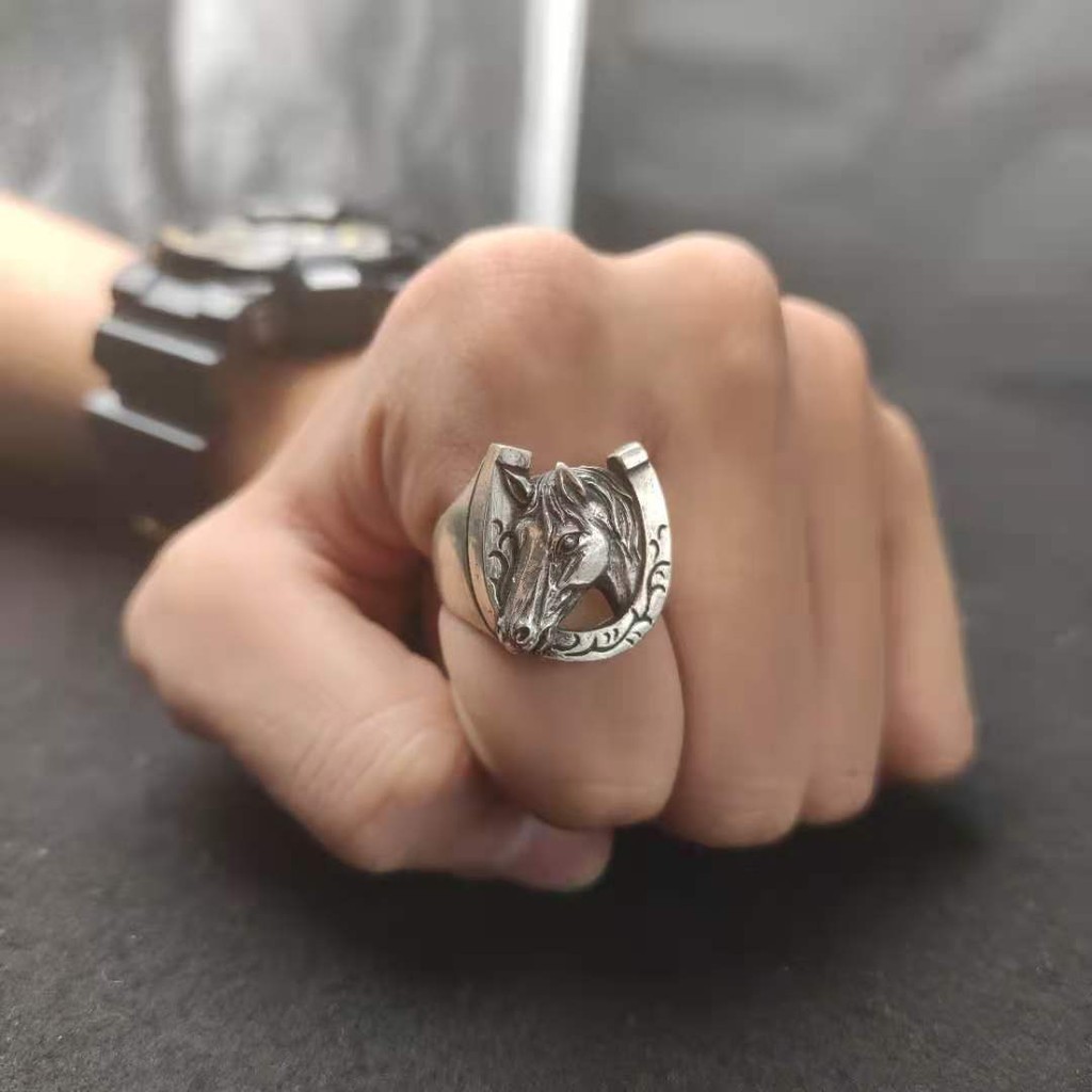 แหวนย้อนยุคเงินไทยหัวม้าราศีนิชออกแบบอินเทรนด์ผู้ชายเปิดแหวน