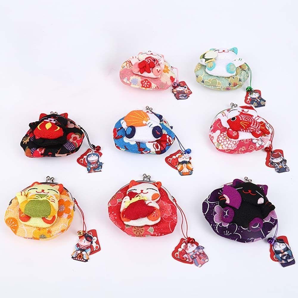 Aubrey1 Maneki Neko กระเป๋าใส่เหรียญ,สไตล์ญี่ปุ่นดอกไม้พิมพ์ Lucky Cat กระเป๋าคลัทช์,แบบพกพาตุ๊กตา PU กระเป๋าสตางค์ผู้ถือบัตรผู้ชาย