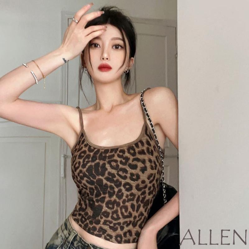 Allen-เสื้อชั้นในสตรีเสือดาวสลิมฟิตคอตักแขนกุดเปลือยสายสปาเก็ตตี้เสื้อกล้ามสําหรับปาร์ตี้คลับค็อกเทล