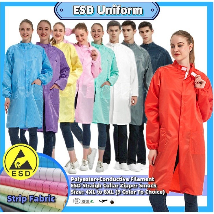 【Uhome】ชุดเครื่องแบบ Esd 5 มม. ลายทาง พลัสไซซ์ S ถึง 6XL ซิปตรง กันไฟฟ้าสถิตย์