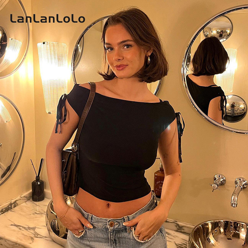 Super SPECIAL LanLanLoLo เสื้อเปิดไหล่ แขนสั้น ลําลอง เข้ารูป สีพื้น เข้ากับทุกการแต่งกาย แฟชั่นเรียบง่าย สําหรับผู้หญิง 2024