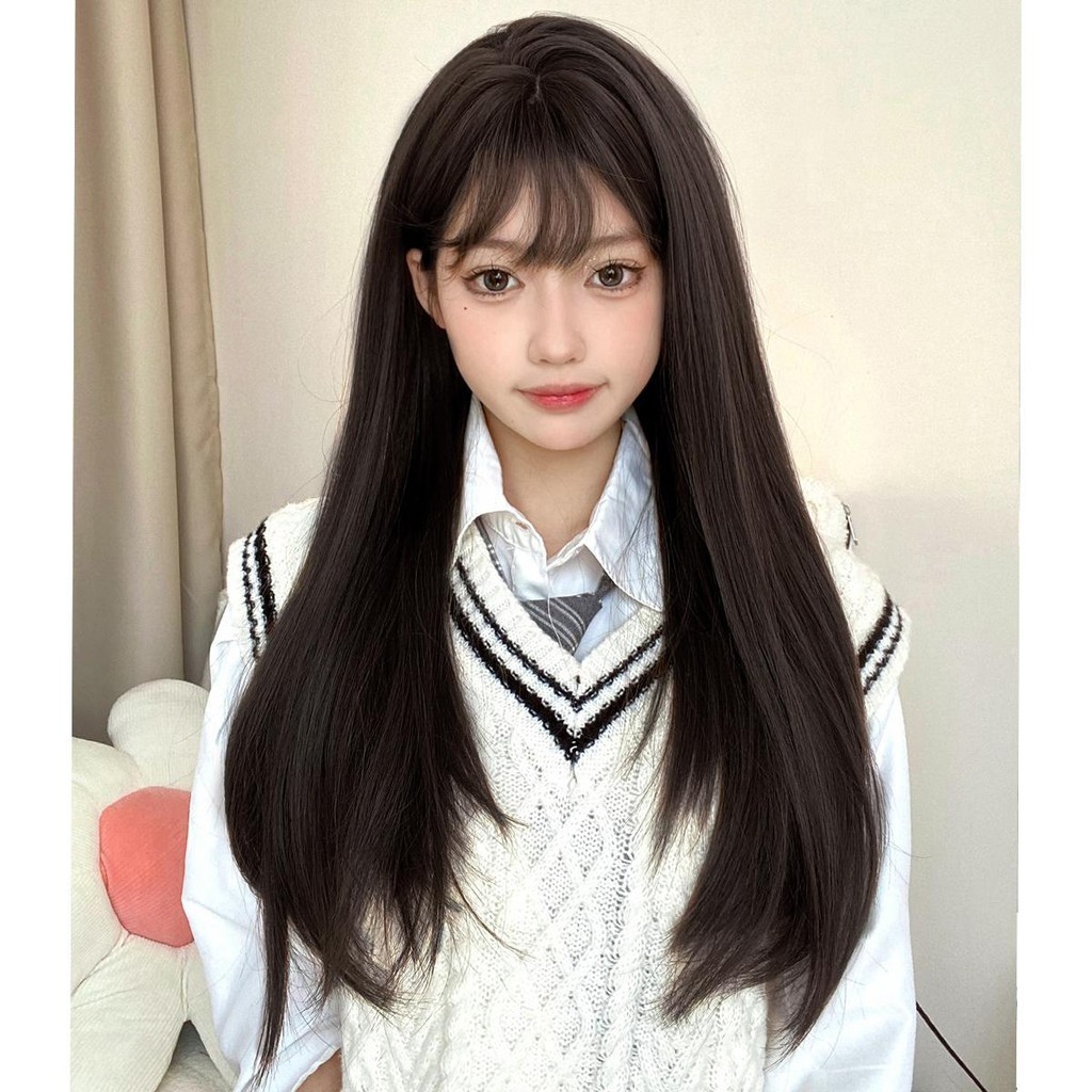 GDS Wigs วิกผมตรงสีน้ำตาลเข้ม มีหน้าม้า ปลายสไลด์ (ยาว 60 cm) แถมเน็ตผม