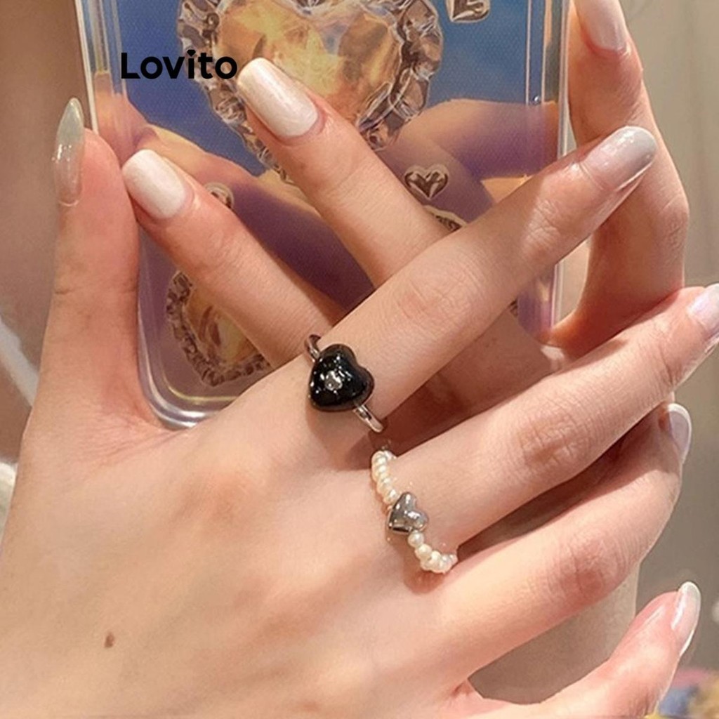 Lovito แหวนผู้หญิง รูปหัวใจ แต่งไข่มุก สไตล์ลำลอง LFA26085