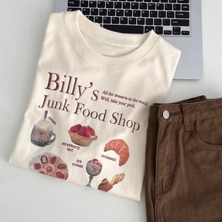 (จัดส่งตลอด 24 ชั่วโมง)เสื้อยืด Oversize เสื้อยืดลายเบเกอรี่ Junk Food คาเฟ่เกาหลี คอกลม หลวมๆ แนวเกาหลี คอตตอน 100%
