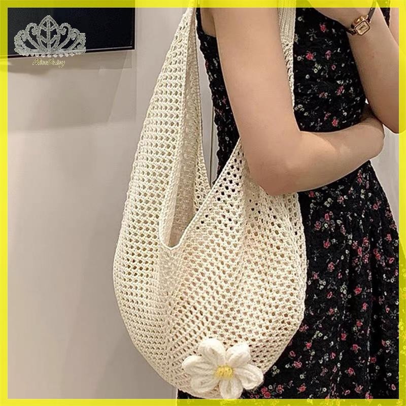 Daisy กระเป๋าถักผู้หญิงกระเป๋าสะพายสไตล์เกาหลีสไตล์ขี้เกียจถัก Hollow Flower Beach Bag TH