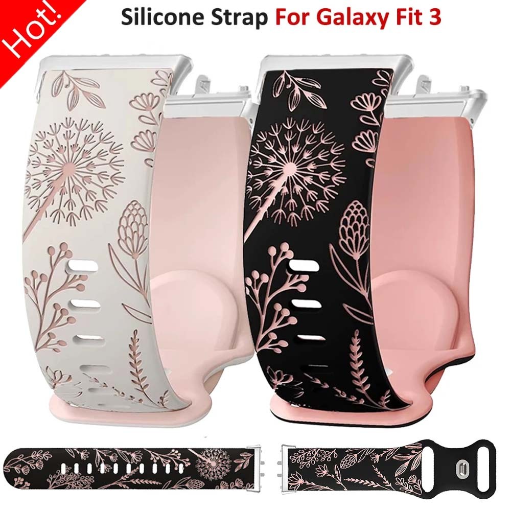 Prints Design Strap สําหรับ Samsung Galaxy Fit 3 นาฬิกาซิลิโคนแกะสลักสร้อยข้อมือสําหรับ Samsung Galaxy Fit3 สายรัดข้อมือดอกไม้Belt