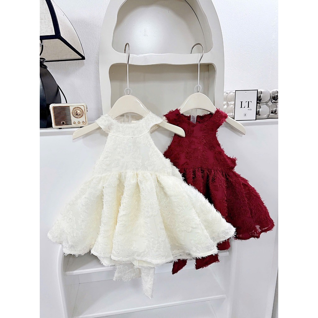 เดรสเด็กผู้หญิง 10-22กิโลกรัม เดรสขนเฟอร์คล้องคอ ผูกโบว์หลังใหญ่ 2 สี แดงและเบจ LT
