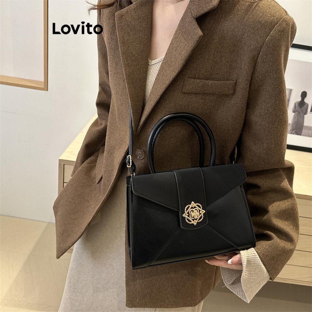 Lovito กระเป๋ากระเป๋าถือทรงพนังโลโก้โลหะธรรมดาหรูหราสําหรับผู้หญิง LFA65129