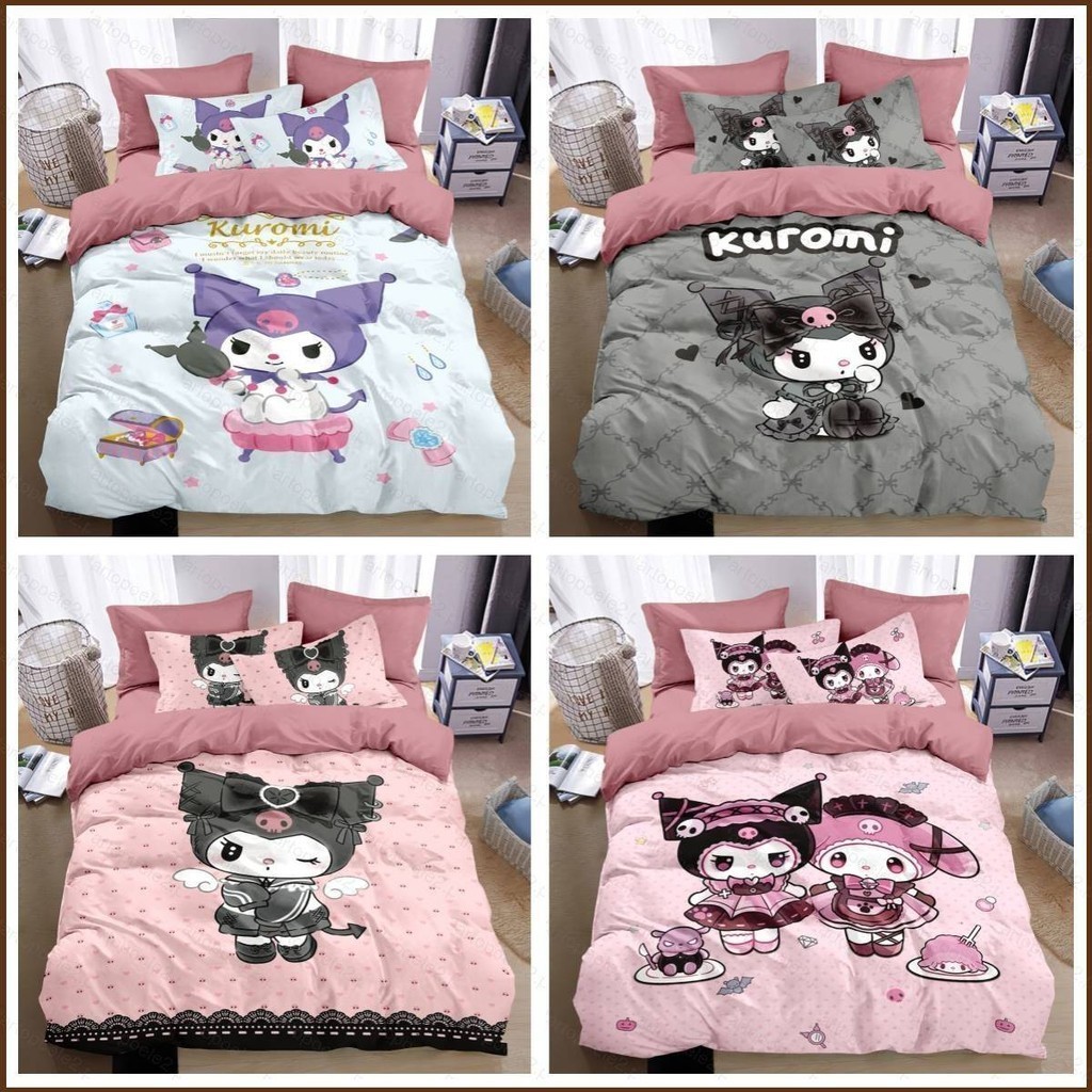 Kira Sanrio Kuromi 3in1 ชุดเครื่องนอน ผ้าปูที่นอน ผ้าห่ม ผ้านวม ซักทําความสะอาดได้ สะดวกสบาย สําหรับหอพัก