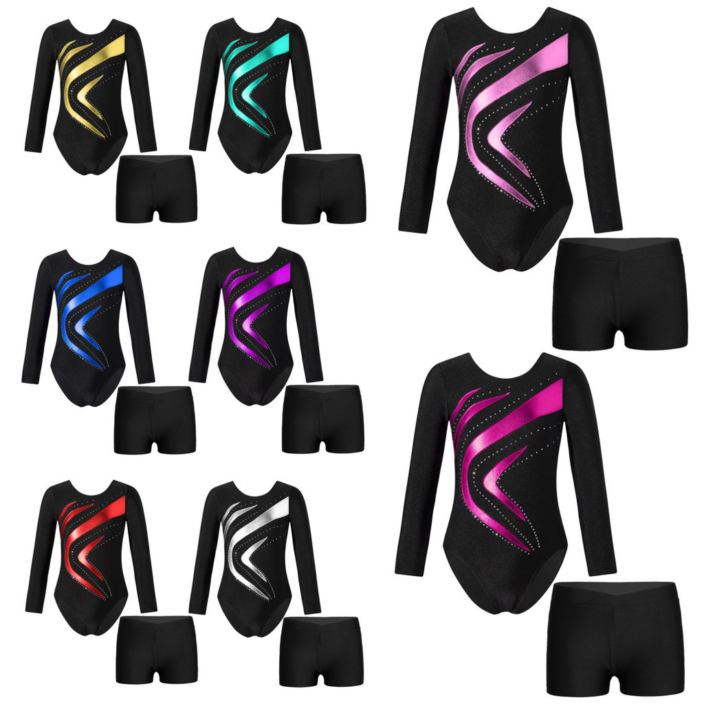 สาวยิมนาสติก Leotards แขนยาวพร้อมกางเกงขาสั้นชุด Sparkle เด็ก One-Piece สีสัน Dancewear
