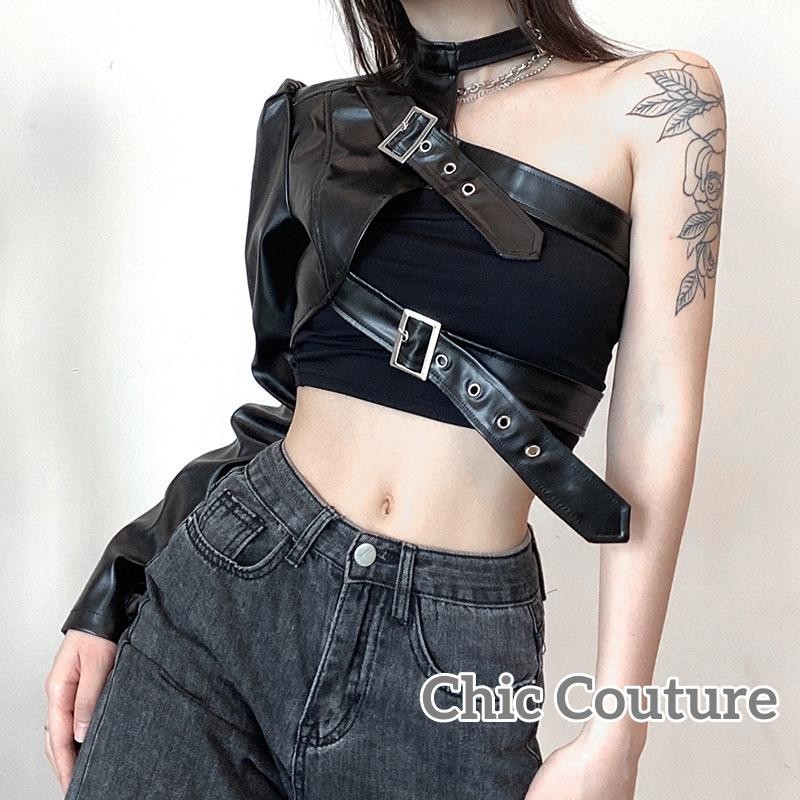 【ส่งจากไทย】​ผู้หญิงสไตล์พังก์ท็อปส์พืชเย็นเดียวแขนยาวคอแขวนเข็มขัดหนังเชื่อมต่อเสื้อผ้าผู้หญิง - รูปที่ 5