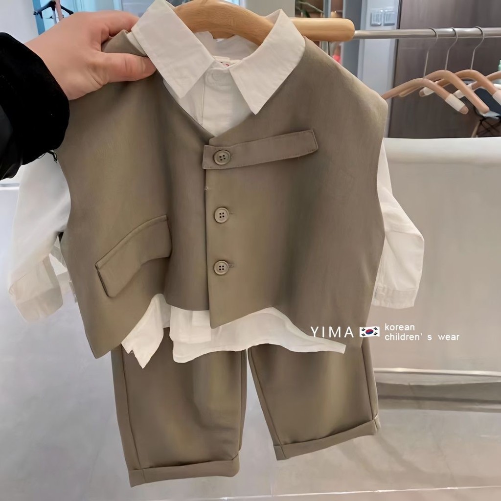 ชุดเสื้อสูทลําลอง แต่งระบาย สามชิ้น แฟชั่นฤดูใบไม้ร่วง สําหรับเด็กผู้ชาย