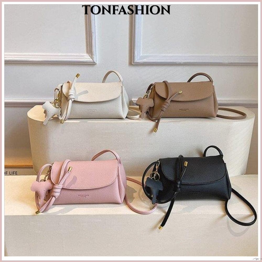 Tonfashion กระเป๋าสะพายไหล่ กระเป๋าถือ หนัง PU จี้ช้าง สีพื้น แฟชั่นยอดนิยม