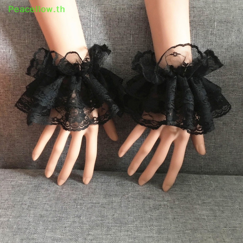 Peacellow ถุงมือลูกไม้ ลายดอกไม้ สีดํา หรูหรา สไตล์โลลิต้า ฮาโลวีน สําหรับผู้หญิง TH