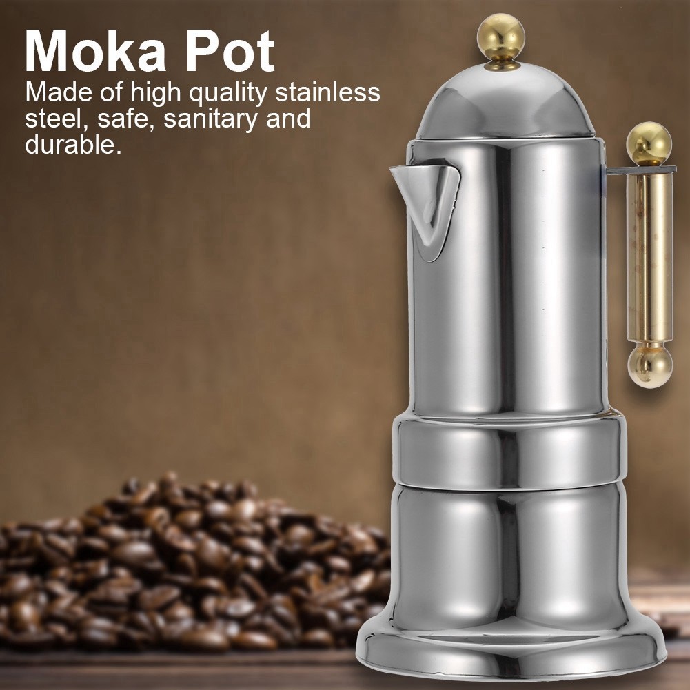 HomeMall หม้อสแตนเลส Moka Pot เครื่องชงกาแฟเอสเปรสโซแบบตั้งพื้นพร้อมวาล์วนิรภัย 200 มล
