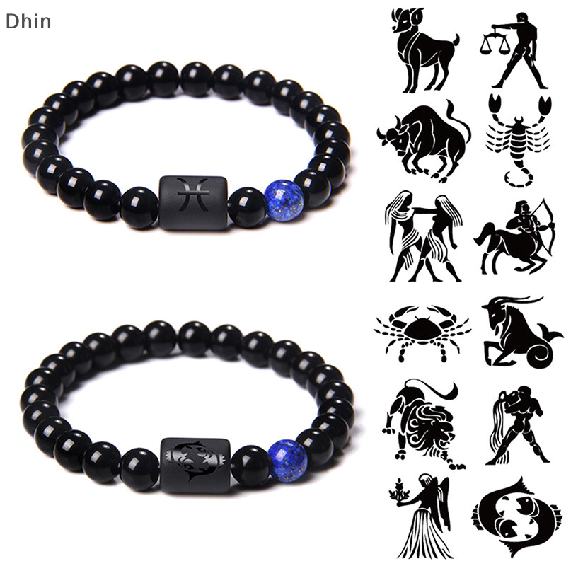 [Dhin] สร้อยข้อมือลูกปัดหินนิลธรรมชาติ สีดํา 12 กลุ่มดาว สําหรับผู้หญิง ผู้ชาย COD
