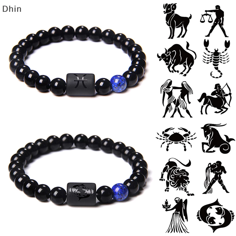 [Dhin] สร้อยข้อมือลูกปัดหินนิลธรรมชาติ สีดํา 12 กลุ่มดาว สําหรับผู้หญิง ผู้ชาย COD