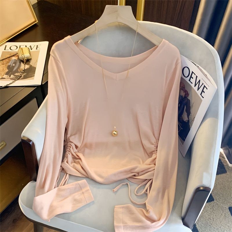 เสื้อยืด คอวี กันแดด แบบผูกเชือก แบบบาง สําหรับผู้หญิง