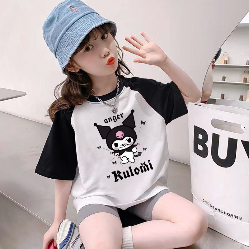 เสื้อยืดแขนสั้น ผ้าฝ้ายแท้ พิมพ์ลายการ์ตูนคุโรมิ แฟชั่นฤดูร้อน สําหรับเด็กผู้หญิง