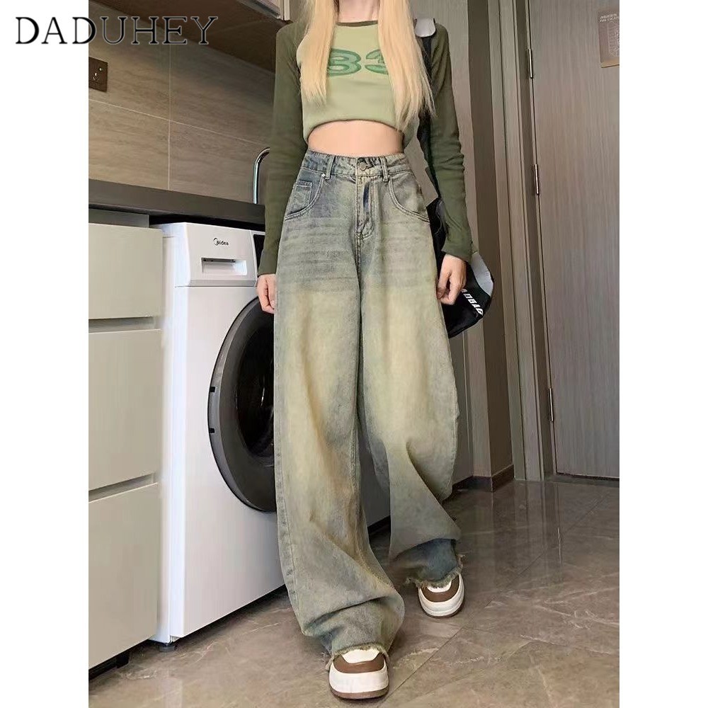 DaDuHey Women's American Style Retro Design Burr Loose Straight Pants High Waist Slim and Wide Leg Jeans