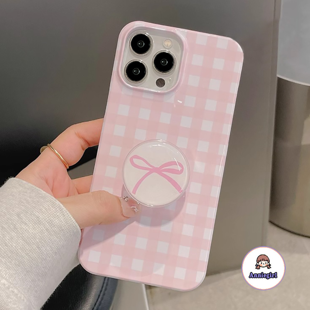 เกาหลีตาข่ายสีชมพูรอบ Grip เคสโทรศัพท์สําหรับ Iphone 11 15 16 Pro MAX 12 14 13 Promax XS MAX XR 7 8Plus 7G/8G SE กันกระแทกฮาร์ดโทรศัพท์ปกหลัง