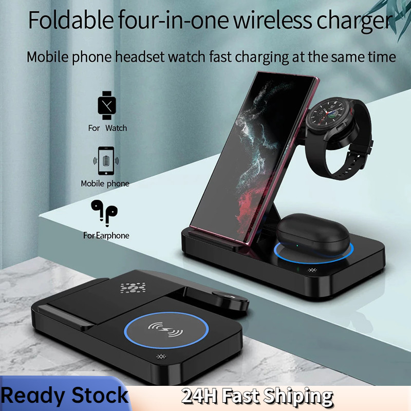 4 in 1 แท่นชาร์จไร้สาย พับได้ สําหรับ Samsung Galaxy Watch Chargers 4/3 S24 S23 S22 S21 iPhone15 14 13