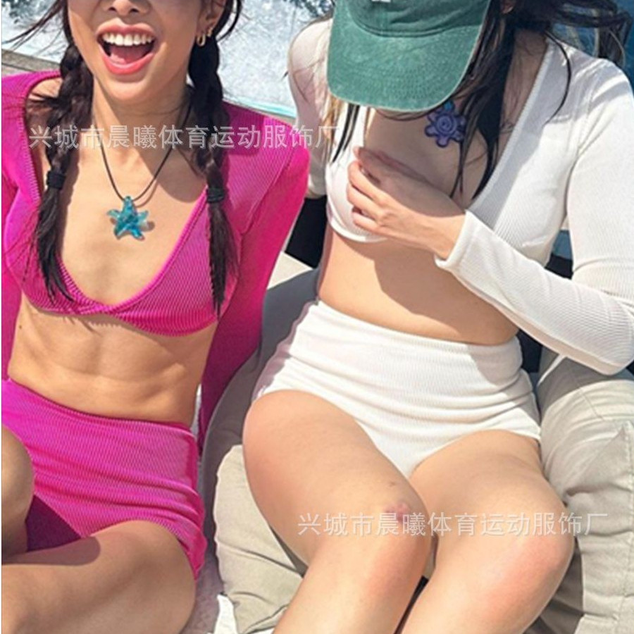 ชุดว่ายน้ําแขนยาว เอวสูง แบบเรียบ สไตล์เกาหลี สําหรับผู้หญิง